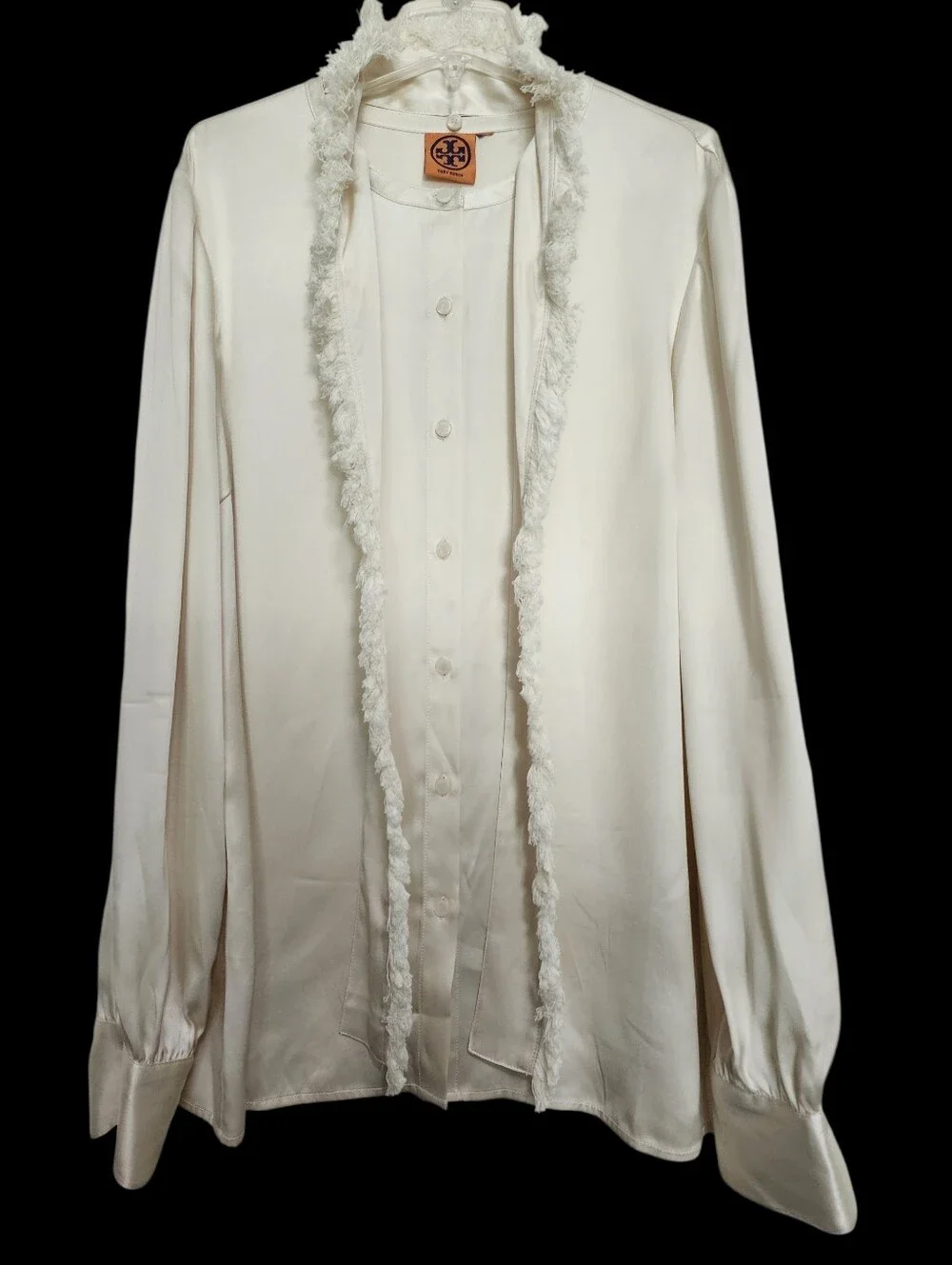 Tory Burch Cream Silk Removable Fringe Tie Bow Neck Blouse Long Sleeve SZ 14
